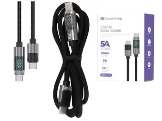Encore Energy nový kabel s displejem USB-C x2 5A kabel QC PD 100W pro nabíjení a přenos dat 100 cm pletený černý EE154-CC