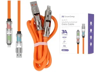 Kabel Encore Energy 4v1 s podsvícenými konektory USB-C USB-A Lightning 3A kabel QC PD 60W pro nabíjení a přenos dat 100 cm oranžový EE144