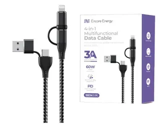 Kabel Encore Energy 4v1 USB-C USB-A Lightning 3A kabel QC PD 60W pro nabíjení a přenos dat 100 cm pletený EE115