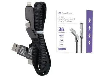 Kabel Encore Energy 4v1 USB-C USB-A Lightning 3A plochý kabel v opletu QC PD 60W pro nabíjení a přenos dat 100 cm EE155