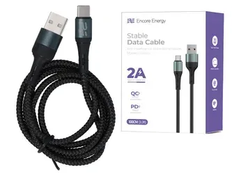 Kabel Encore Energy USB-A USB-C 2A QC PD pro nabíjení a přenos dat 100 cm pletený černý EE103-C