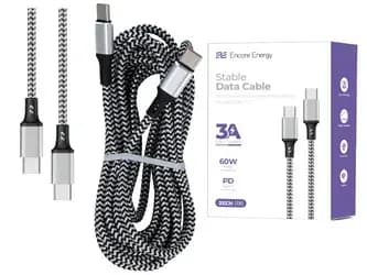 Kabel Encore Energy USB-C x2 3A, QC PD 60W pro nabíjení a přenos dat, 300 cm, pletený černobílý EE118-CC