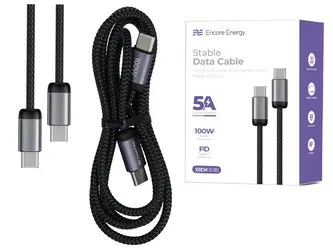 Kabel Encore Energy USB-C x2 5A QC PD 100W pro nabíjení a přenos dat 100 cm pletený černý EE121-CC-1M