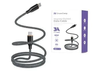 Magnetický kabel Encore Energy USB-C x2 kabel QC PD 3A 60W pro nabíjení a přenos dat 100 cm pletený černobílý EE126-CC
