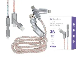Podsvícený kabel Encore Energy 4v1 USB-C USB-A Lightning kabel QC PD 3A 60W pro nabíjení a přenos dat 100 cm EE133