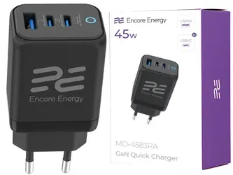 Síťová nabíječka GaN 45W USB-A + 2x USB-C QC PPS PD Encore Energy MD-4583RA