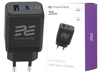 Síťová nabíječka GaN PD 3.0 Quick Charge 4.0 USB-A USB-C 35W Encore Energy MD-3583RA