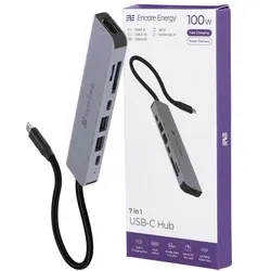 USB-C hub Encore Energy 7v1: HDMI 4K 60 Hz, 2× USB-A 3.2, USB-C 3.2, USB-C PD 100 W, čtečka SD a microSD, MD-H71